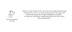 Illustration einer Frau, die links ein Headset trägt. Neben ihr erzählt ein Erfahrungsbericht auf Deutsch, wie Jobcoaching München ihr geholfen hat, nach vielen erfolglosen Bewerbungen über 50 einen gut bezahlten Teilzeitjob in der Nähe zu finden.
