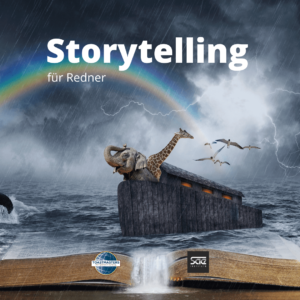 Ein aufgeschlagenes Buch leuchtet, während eine hölzerne Arche mit Tieren, Vögeln und einem Regenbogen darüber auf stürmischen Gewässern schwimmt. Oben erscheint der Schriftzug Storytelling für Redner, der auf Jobcoaching München hinweist. Unten befinden sich die Logos von Toastmasters und dem SIA Institut.