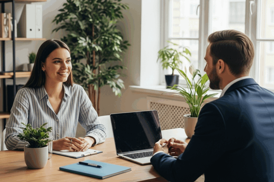 Eine Frau und ein Mann sitzen sich an einem Schreibtisch in einem modernen Büro gegenüber und führen ein Gespräch. Auf dem Schreibtisch stehen Pflanzen, Notizbücher und ein Laptop, und große Fenster sorgen für natürliches Licht.