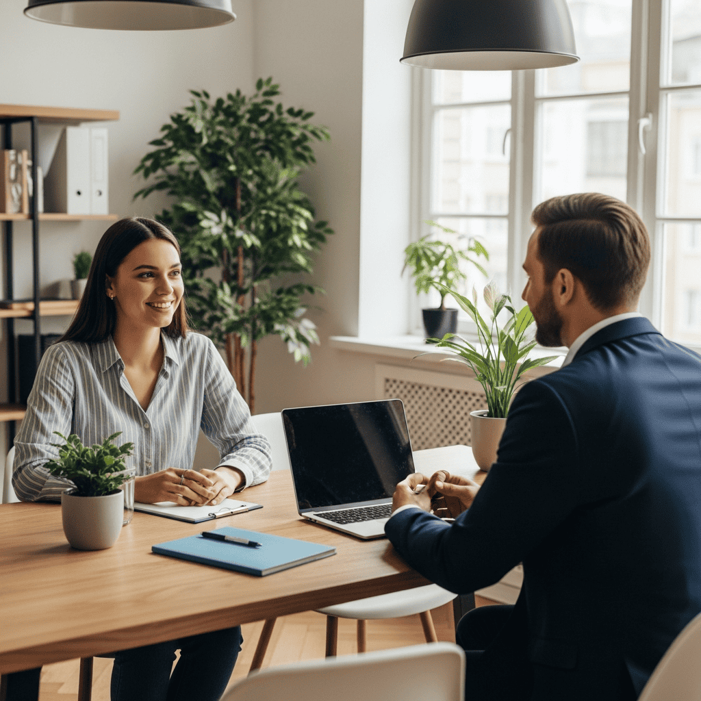 Eine Frau und ein Mann sitzen sich an einem Schreibtisch in einem modernen Büro gegenüber und führen ein Gespräch. Auf dem Schreibtisch stehen Pflanzen, Notizbücher und ein Laptop, und große Fenster sorgen für natürliches Licht.