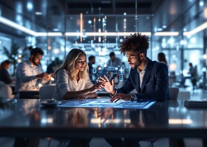 Zwei Fachleute sitzen an einem modernen Tisch und interagieren mit einer leuchtenden Touchscreen-Oberfläche. Im Hintergrund ist ein Hightech-Büro zu sehen, in dem andere Menschen arbeiten, beleuchtet von kühlem, futuristischem Licht.