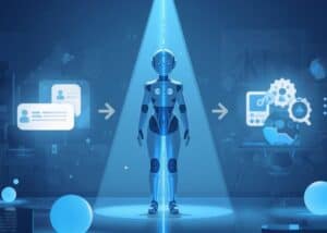 Ein humanoider Roboter steht in einem blauen Scheinwerferlicht, umgeben von Symbolen, die Chatblasen und Zahnr&auml;der darstellen und k&uuml;nstliche Intelligenz, Kommunikation und Technologie in einer futuristischen Umgebung symbolisieren.