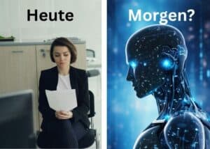 Links: Eine Frau in Gesch&auml;ftskleidung sitzt da und liest ein Dokument mit der Aufschrift Heute. Rechts: Ein futuristischer humanoider Roboter mit leuchtend blauen Akzenten, beschriftet mit Morgen? (Morgen?).