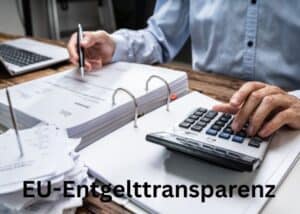 Eine Person pr&uuml;ft Dokumente und benutzt einen Taschenrechner an einem Schreibtisch mit verstreuten Papieren und einem Laptop. Der deutsche Text EU-Entgelttransparenz erscheint am unteren Rand des Bildes.