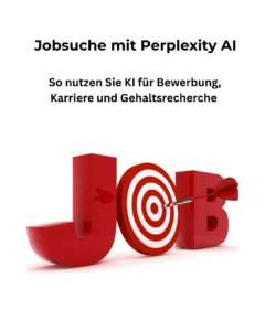 Roter 3D-Schriftzug &bdquo;JOB&ldquo;, wobei das &bdquo;O&ldquo; als Zielscheibe dargestellt ist und ein Dartpfeil die Mitte trifft. Dar&uuml;ber ein deutscher Text &uuml;ber den Einsatz von KI bei der Jobsuche, bei Bewerbungen, f&uuml;r die Karriereplanung und zur Gehaltsrecherche. Wei&szlig;er Hintergrund.