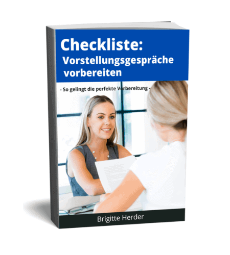 3D-gerendertes Buchcover mit dem Titel Checkliste: Vorstellungsgespr&auml;che vorbereiten. Das Cover zeigt zwei Frauen, die an einem Tisch sitzen und sich gegenseitig interviewen - ideal f&uuml;r alle, die sich mit Jobcoaching M&uuml;nchen auf ihr Vorstellungsgespr&auml;ch vorbereiten m&ouml;chten. Autorin: Brigitte Herder.